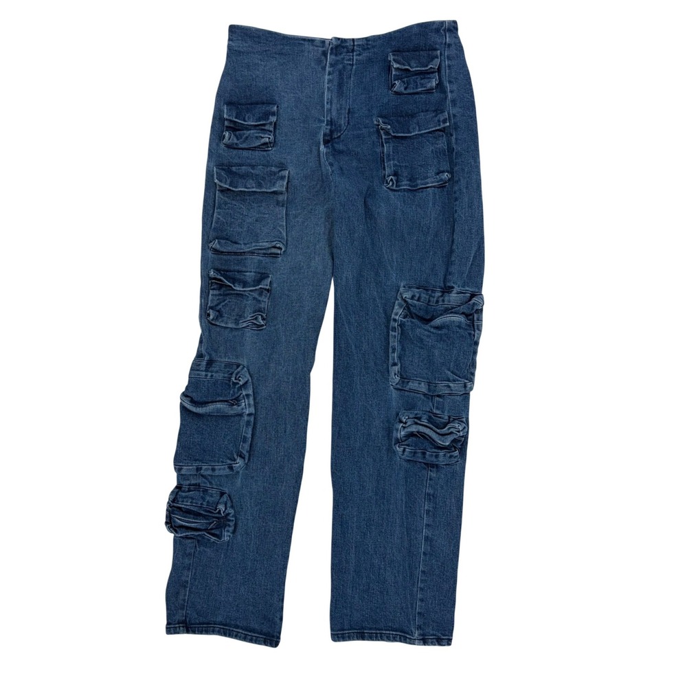 Forever 21 Cargo Jeans Multi Pocket Utility Smooth Waist Streetwear Cyber 29